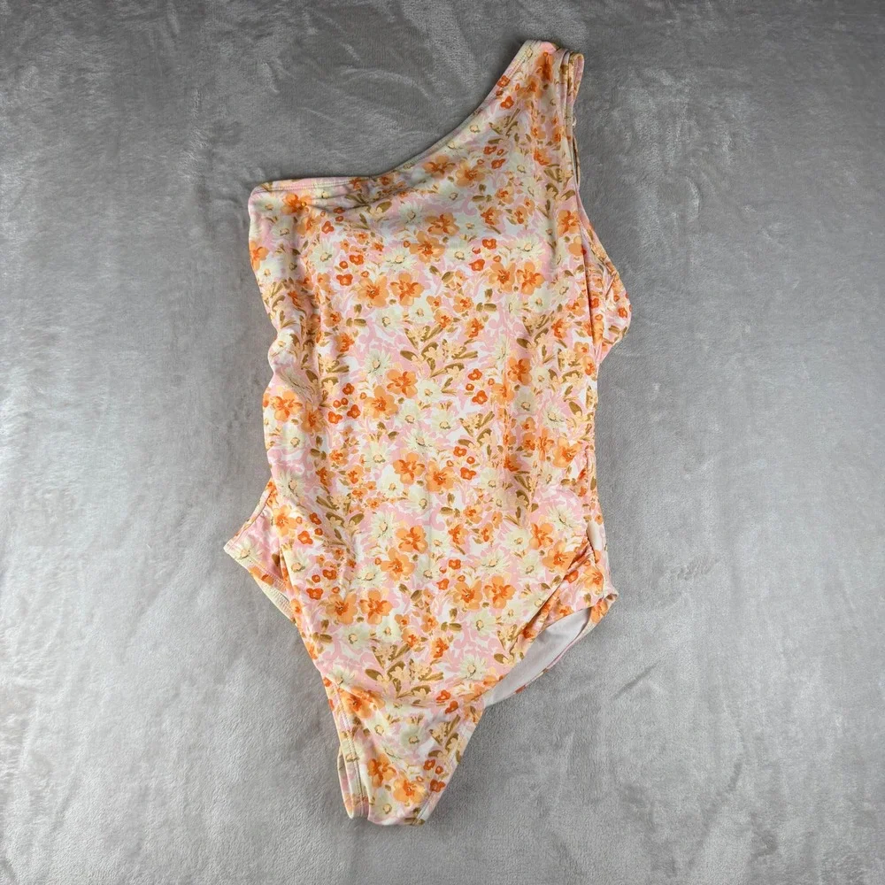Kona Sol Womens Floral One‎ Shoulder One Piece Swimsuit Orange Pink XL